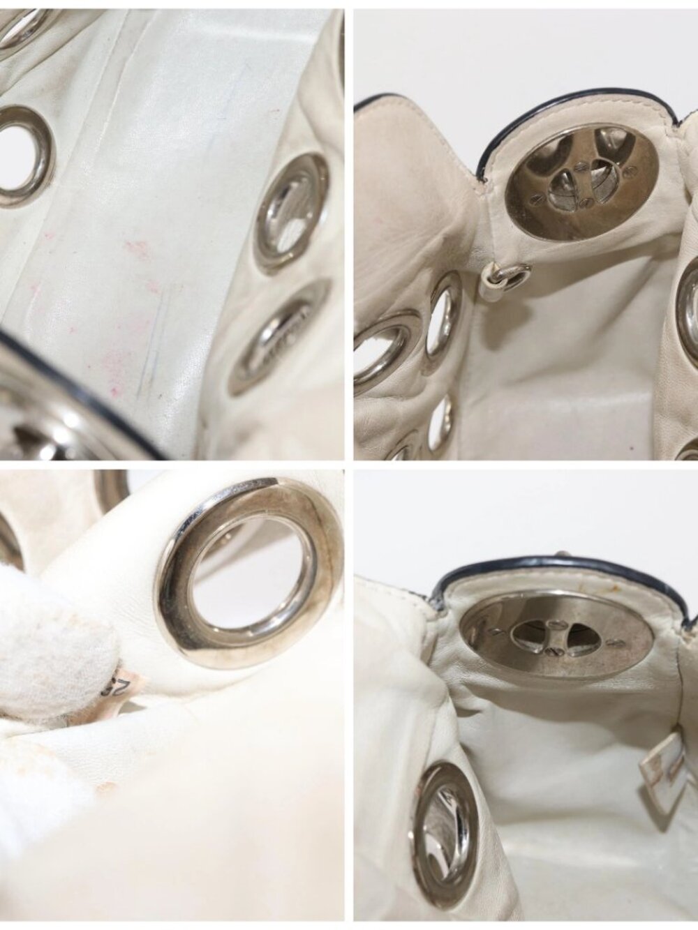 PRADA Grommet Punching Chain Hand Bag Leather Ivory Silver Auth 165205 - Picture 15 of 16